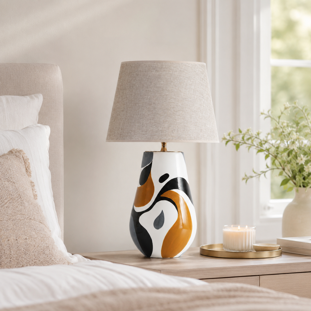 Black, White & Orange Abstract Ceramic Table Lamp, Modern Bedside Lamp
