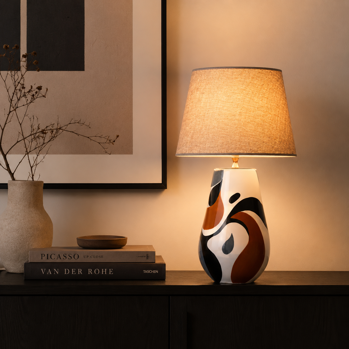 Black, White & Orange Abstract Ceramic Table Lamp, Modern Bedside Lamp
