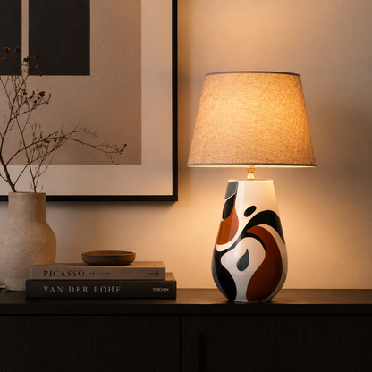Black, White & Orange Abstract Ceramic Table Lamp, Modern Bedside Lamp