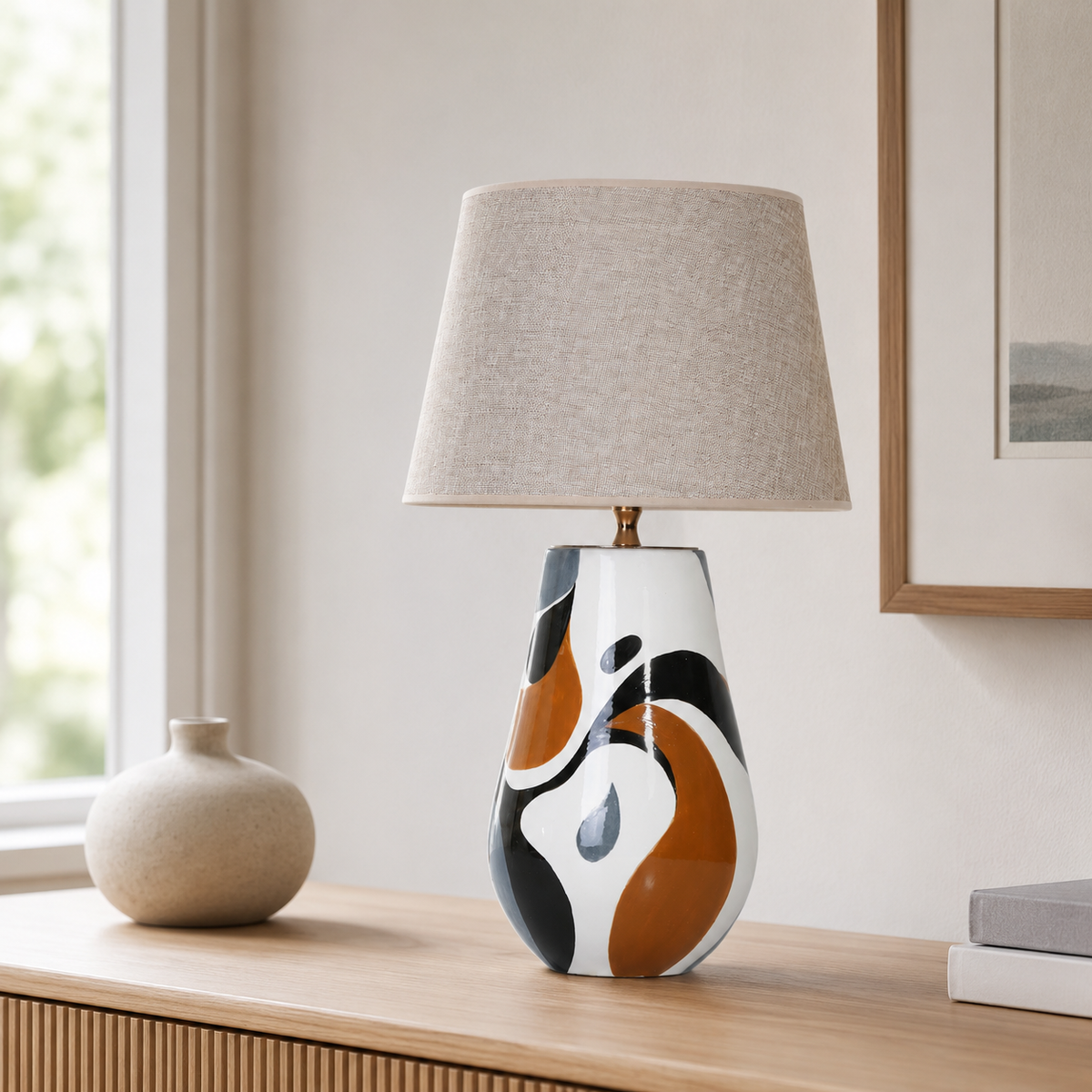 Black, White & Orange Abstract Ceramic Table Lamp, Modern Bedside Lamp