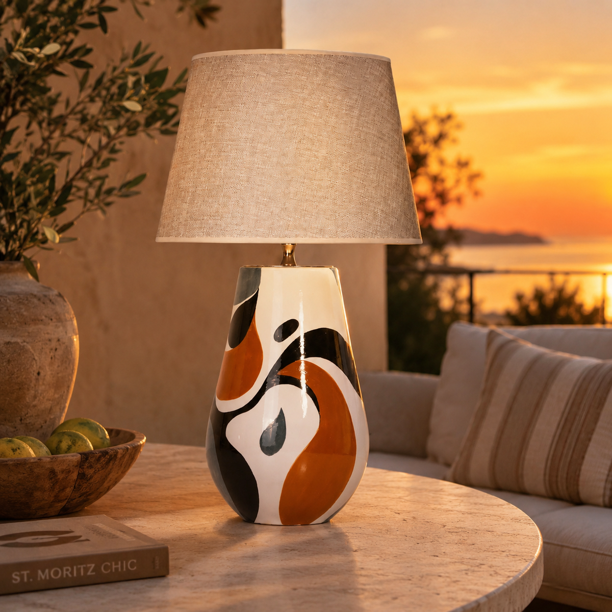 Black, White & Orange Abstract Ceramic Table Lamp, Modern Bedside Lamp