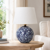 Blue & White Round Ceramic Table Lamp, Hand-Painted Globe Lamp