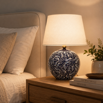Blue & White Round Ceramic Table Lamp, Hand-Painted Globe Lamp