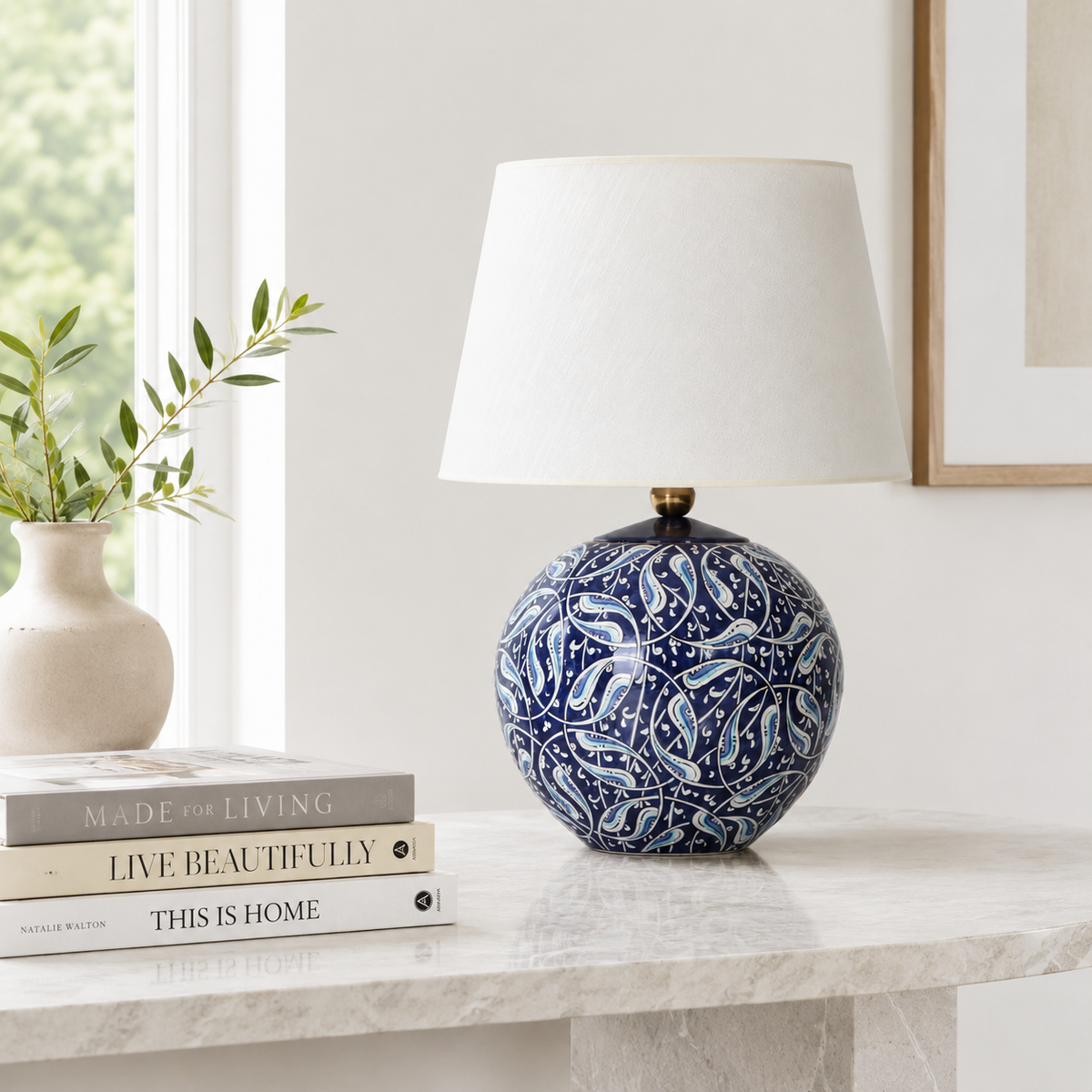 Blue & White Round Ceramic Table Lamp, Hand-Painted Globe Lamp