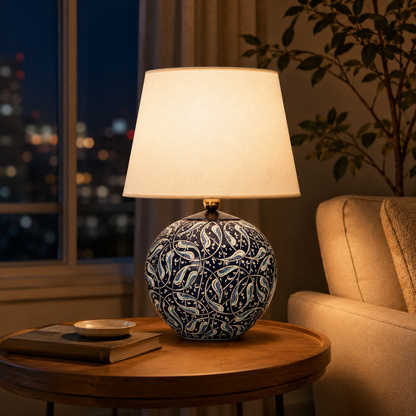 Blue & White Round Ceramic Table Lamp, Hand-Painted Globe Lamp