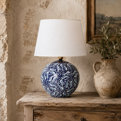 Blue & White Round Ceramic Table Lamp, Hand-Painted Globe Lamp