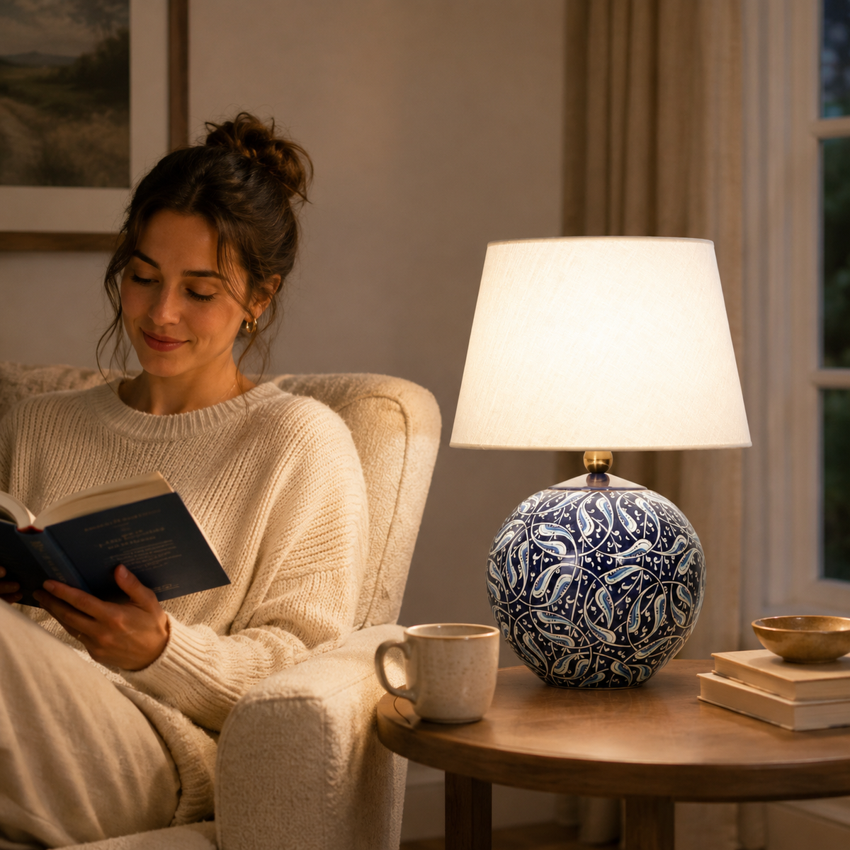 Blue & White Round Ceramic Table Lamp, Hand-Painted Globe Lamp