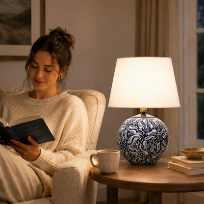 Blue & White Round Ceramic Table Lamp, Hand-Painted Globe Lamp