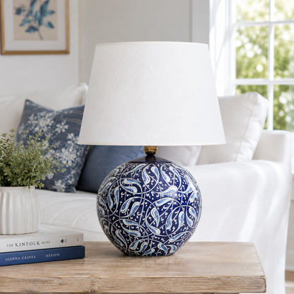 Blue & White Round Ceramic Table Lamp, Hand-Painted Globe Lamp