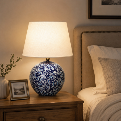 Blue & White Round Ceramic Table Lamp, Hand-Painted Globe Lamp
