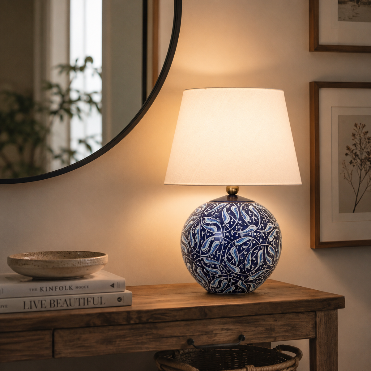 Blue & White Round Ceramic Table Lamp, Hand-Painted Globe Lamp