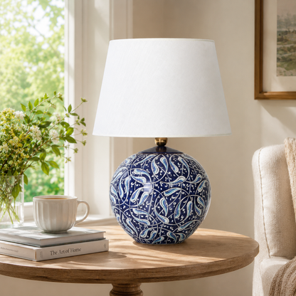 Blue & White Round Ceramic Table Lamp, Hand-Painted Globe Lamp