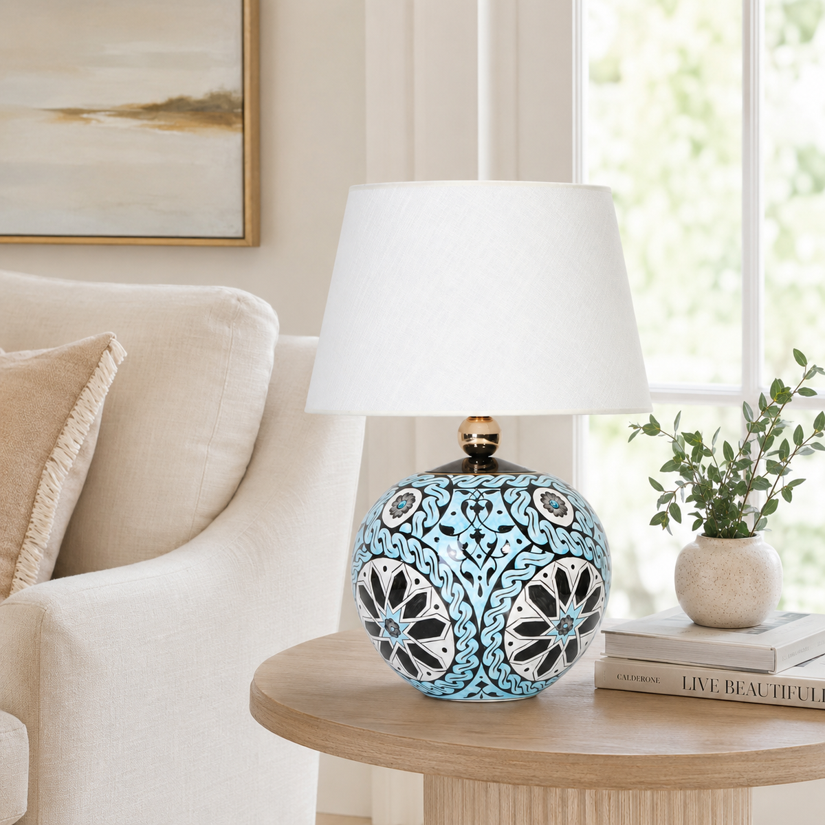 Turquoise Round Ceramic Table Lamp, Hand-Painted Floral Globe Lamp