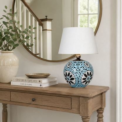 Turquoise Round Ceramic Table Lamp, Hand-Painted Floral Globe Lamp