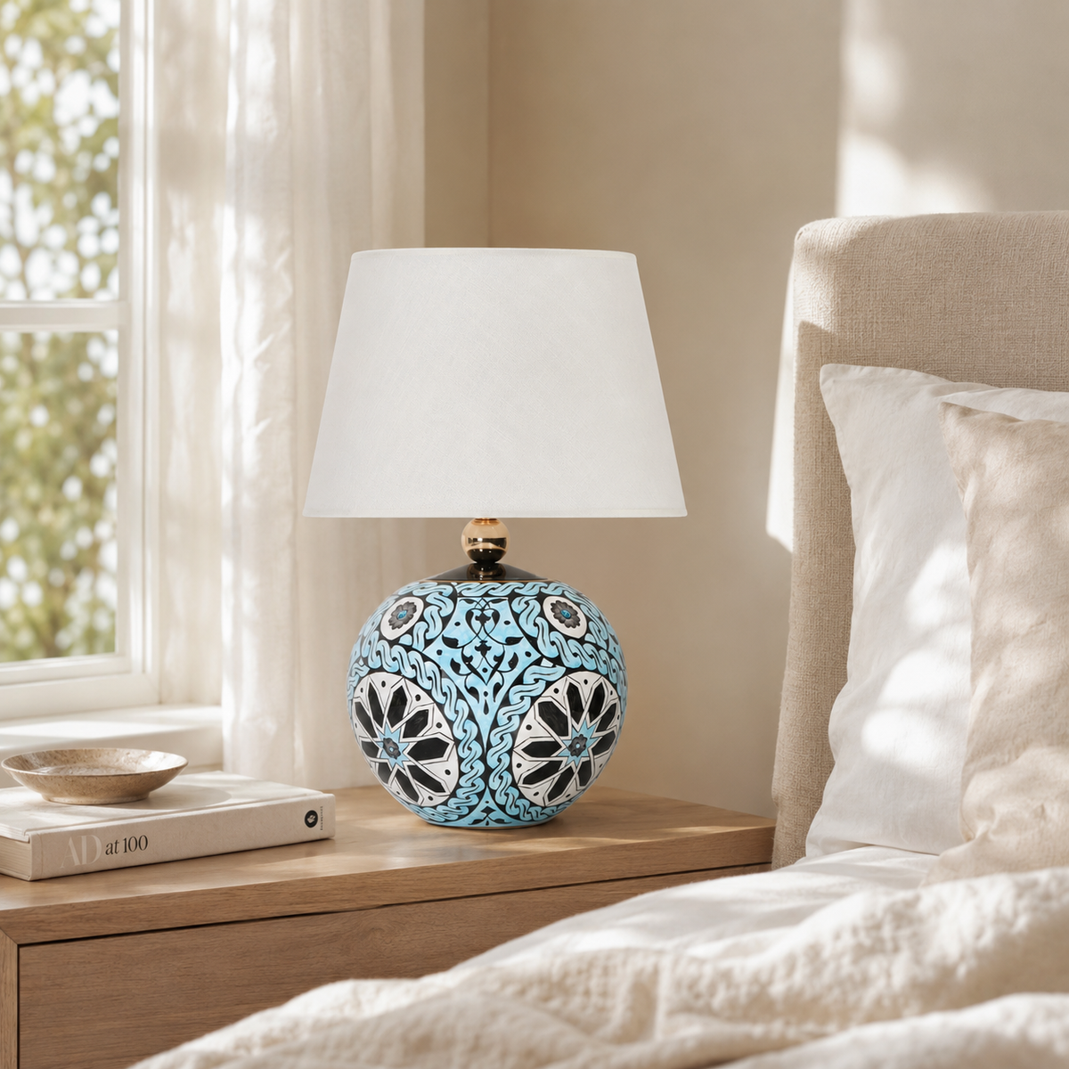 Turquoise Round Ceramic Table Lamp, Hand-Painted Floral Globe Lamp