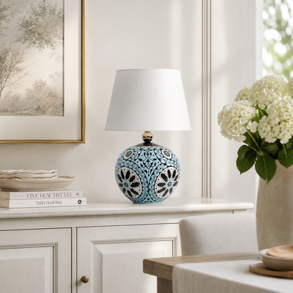 Turquoise Round Ceramic Table Lamp, Hand-Painted Floral Globe Lamp