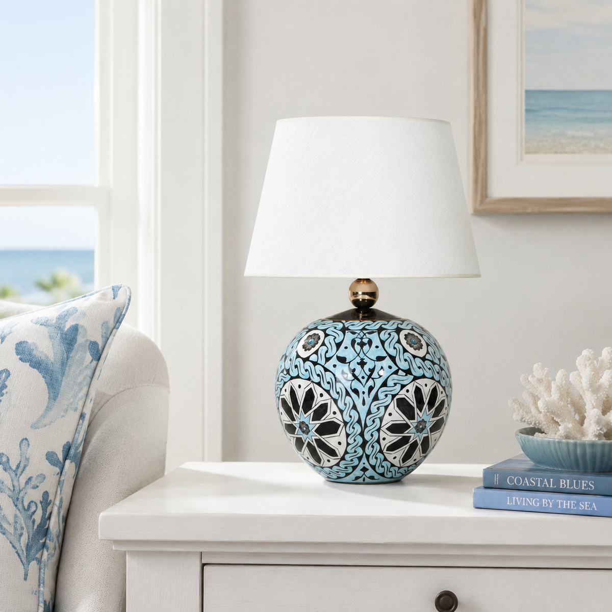 Turquoise Round Ceramic Table Lamp, Hand-Painted Floral Globe Lamp