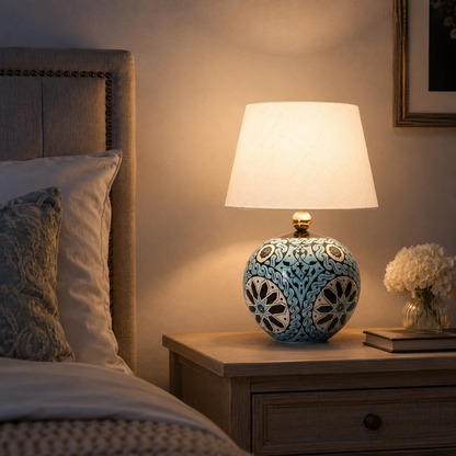 Turquoise Round Ceramic Table Lamp, Hand-Painted Floral Globe Lamp