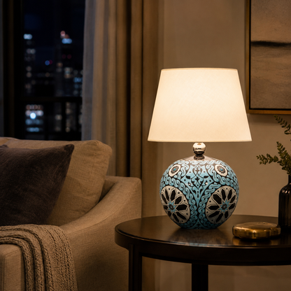 Turquoise Round Ceramic Table Lamp, Hand-Painted Floral Globe Lamp
