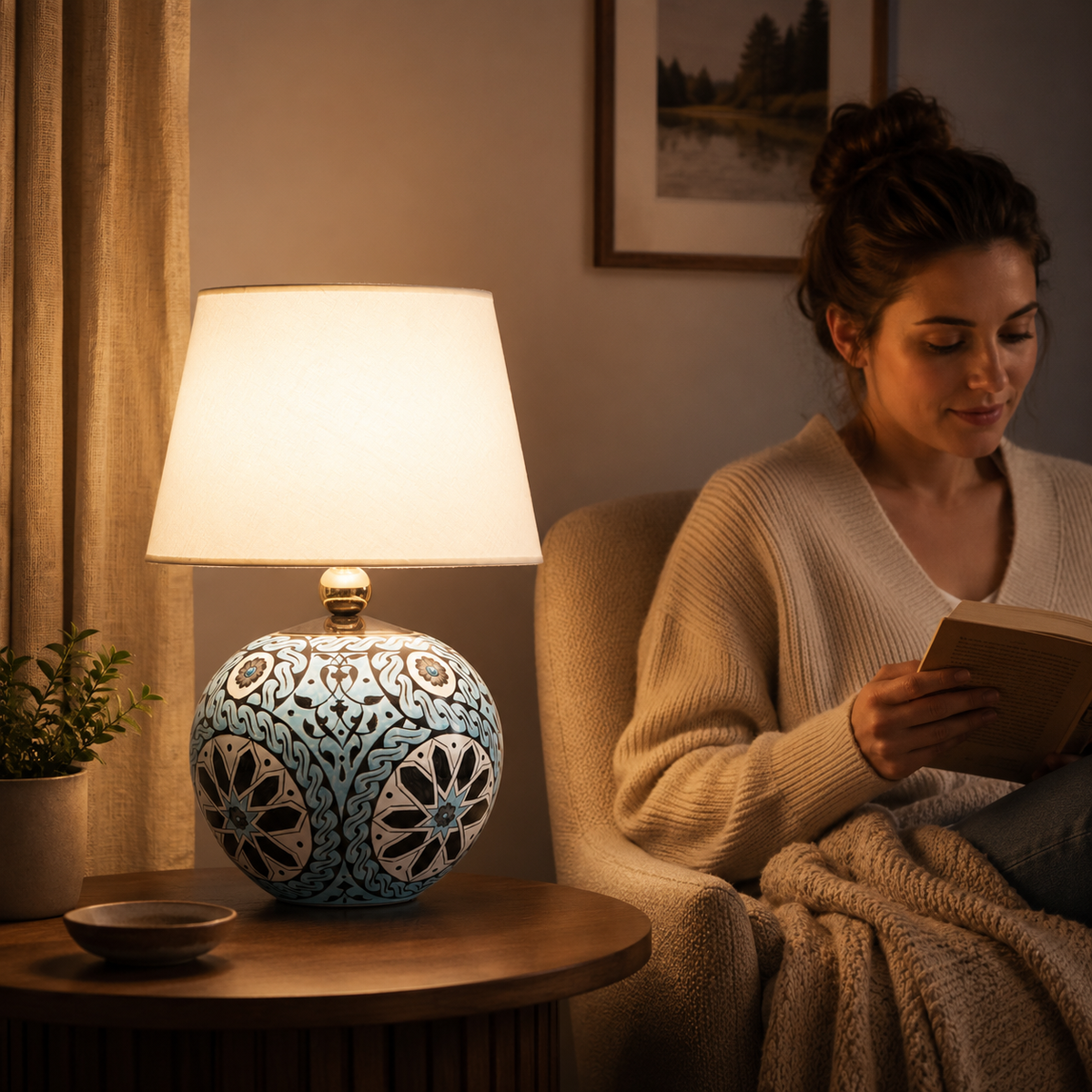 Turquoise Round Ceramic Table Lamp, Hand-Painted Floral Globe Lamp