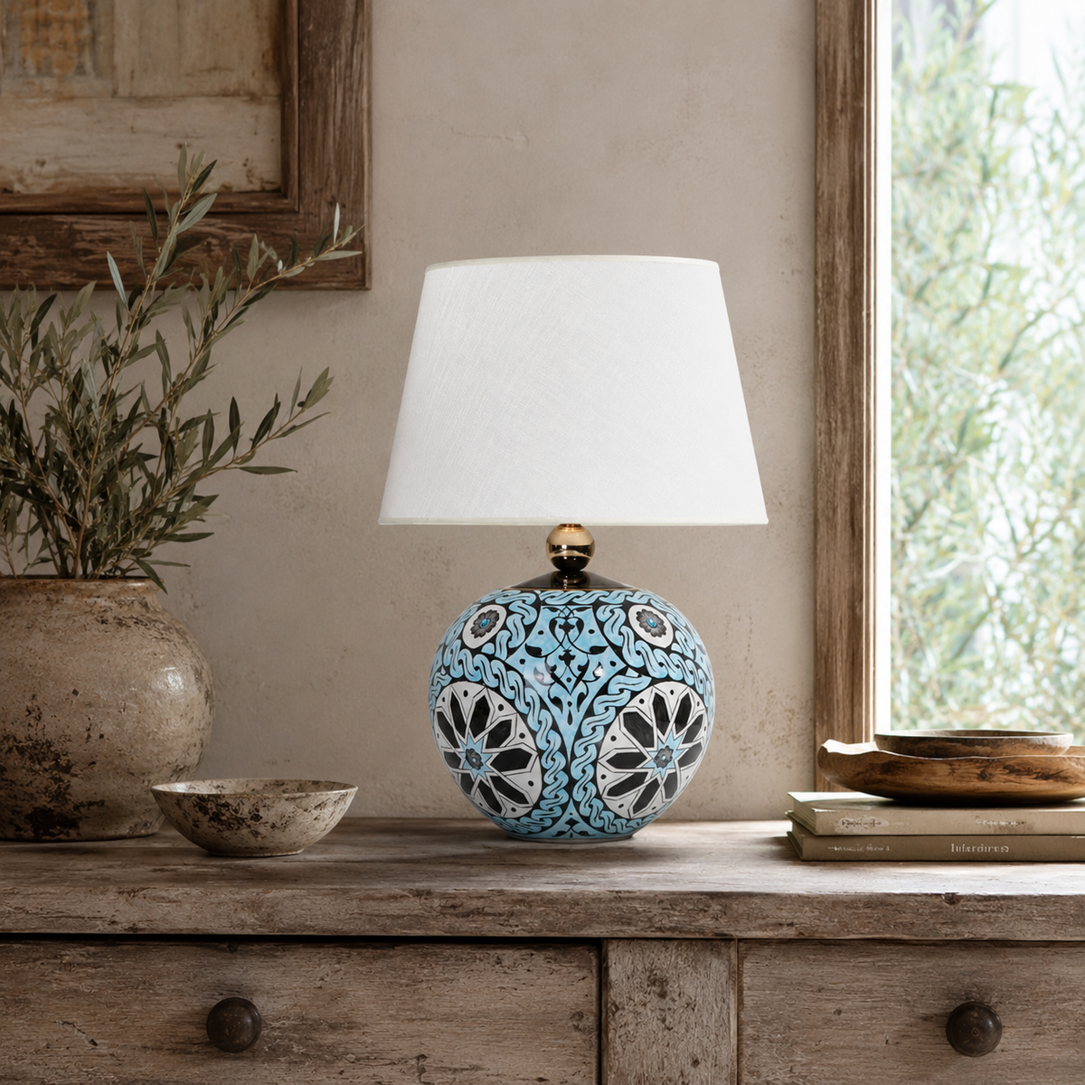 Turquoise Round Ceramic Table Lamp, Hand-Painted Floral Globe Lamp