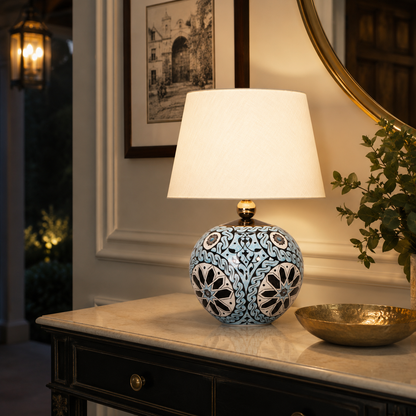 Turquoise Round Ceramic Table Lamp, Hand-Painted Floral Globe Lamp