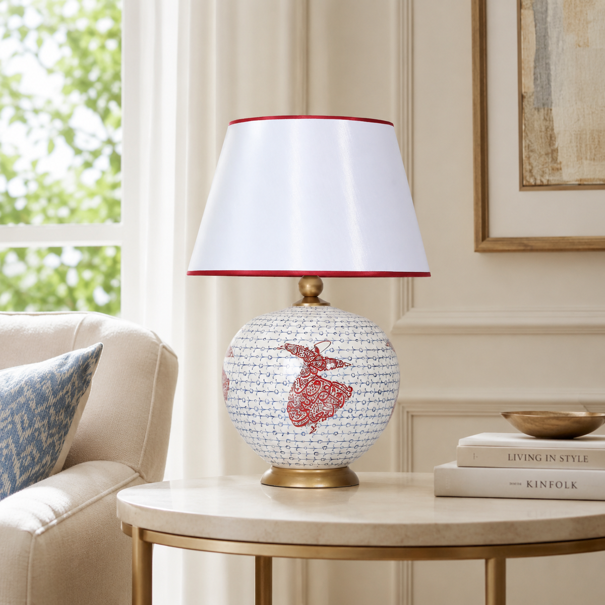 White & Red Round Ceramic Table Lamp, Hand-Painted Large Globe Lamp