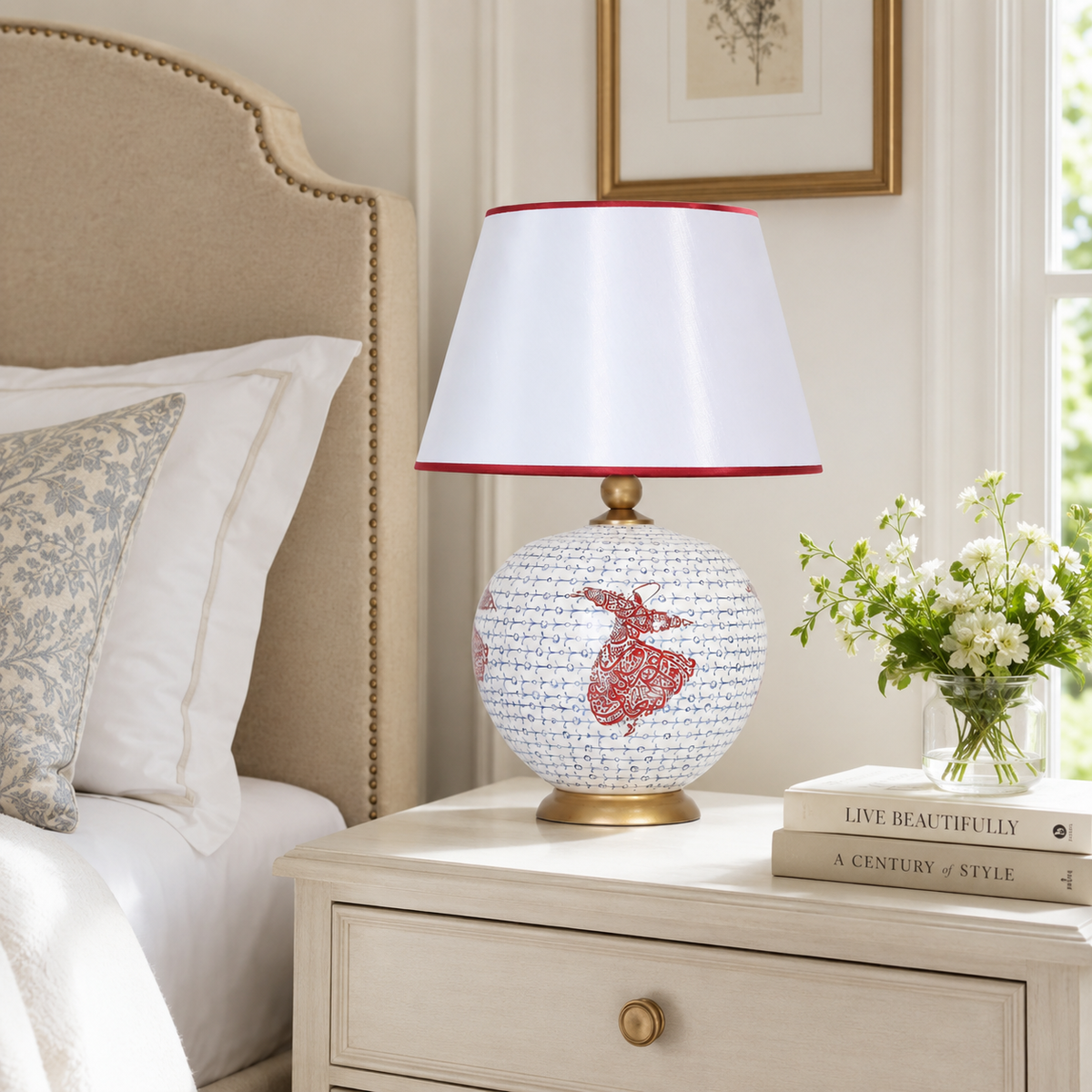 White & Red Round Ceramic Table Lamp, Hand-Painted Large Globe Lamp