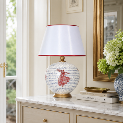 White & Red Round Ceramic Table Lamp, Hand-Painted Large Globe Lamp