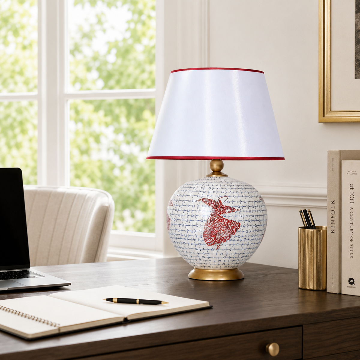 White & Red Round Ceramic Table Lamp, Hand-Painted Large Globe Lamp