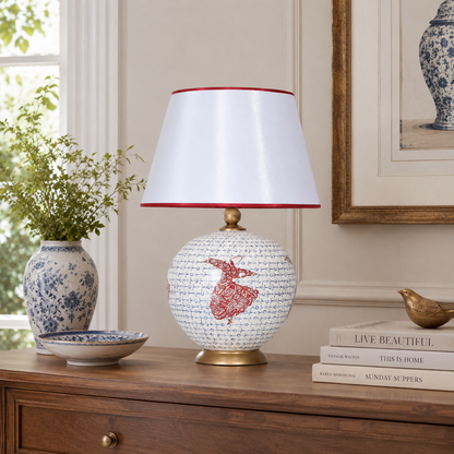 White & Red Round Ceramic Table Lamp, Hand-Painted Large Globe Lamp