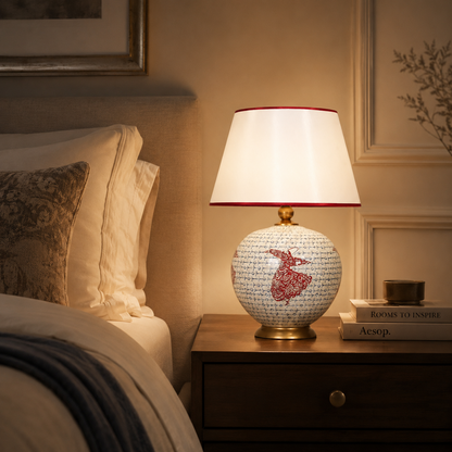 White & Red Round Ceramic Table Lamp, Hand-Painted Large Globe Lamp