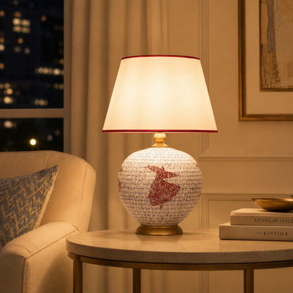 White & Red Round Ceramic Table Lamp, Hand-Painted Large Globe Lamp
