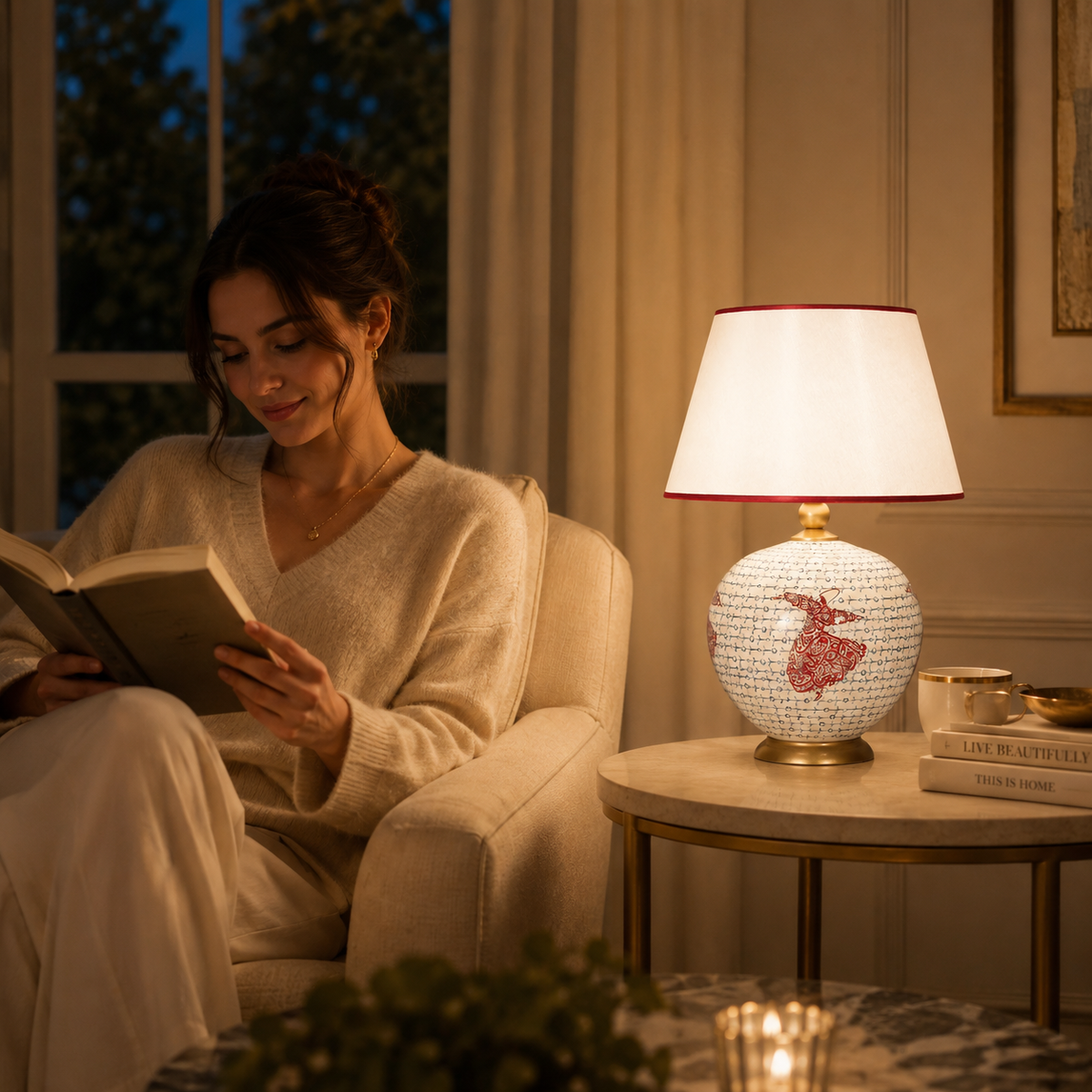 White & Red Round Ceramic Table Lamp, Hand-Painted Large Globe Lamp
