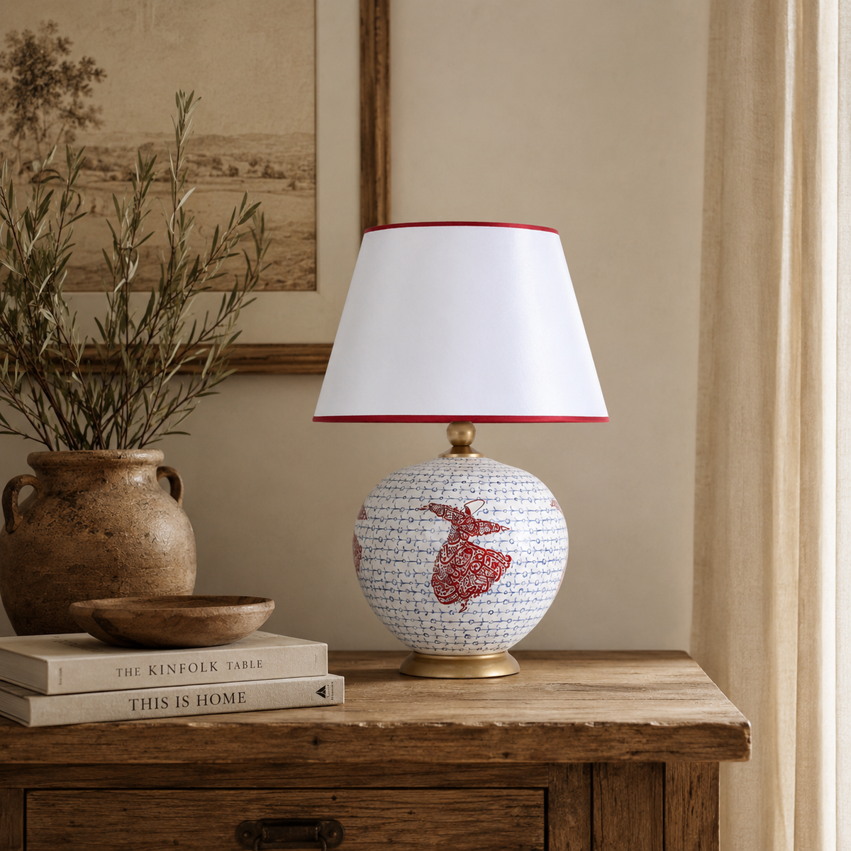 White & Red Round Ceramic Table Lamp, Hand-Painted Large Globe Lamp