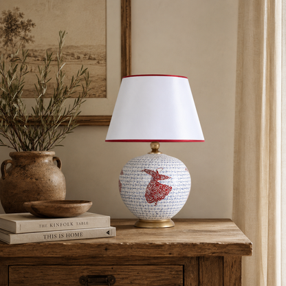 White & Red Round Ceramic Table Lamp, Hand-Painted Large Globe Lamp