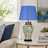 Floral Ceramic Table Lamp with Blue Shade, Hand-Painted Ginger Jar Lamp