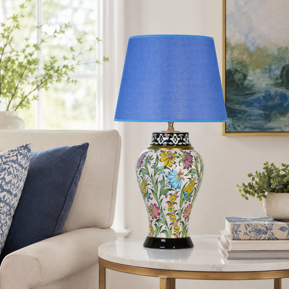 Floral Ceramic Table Lamp with Blue Shade, Hand-Painted Ginger Jar Lamp