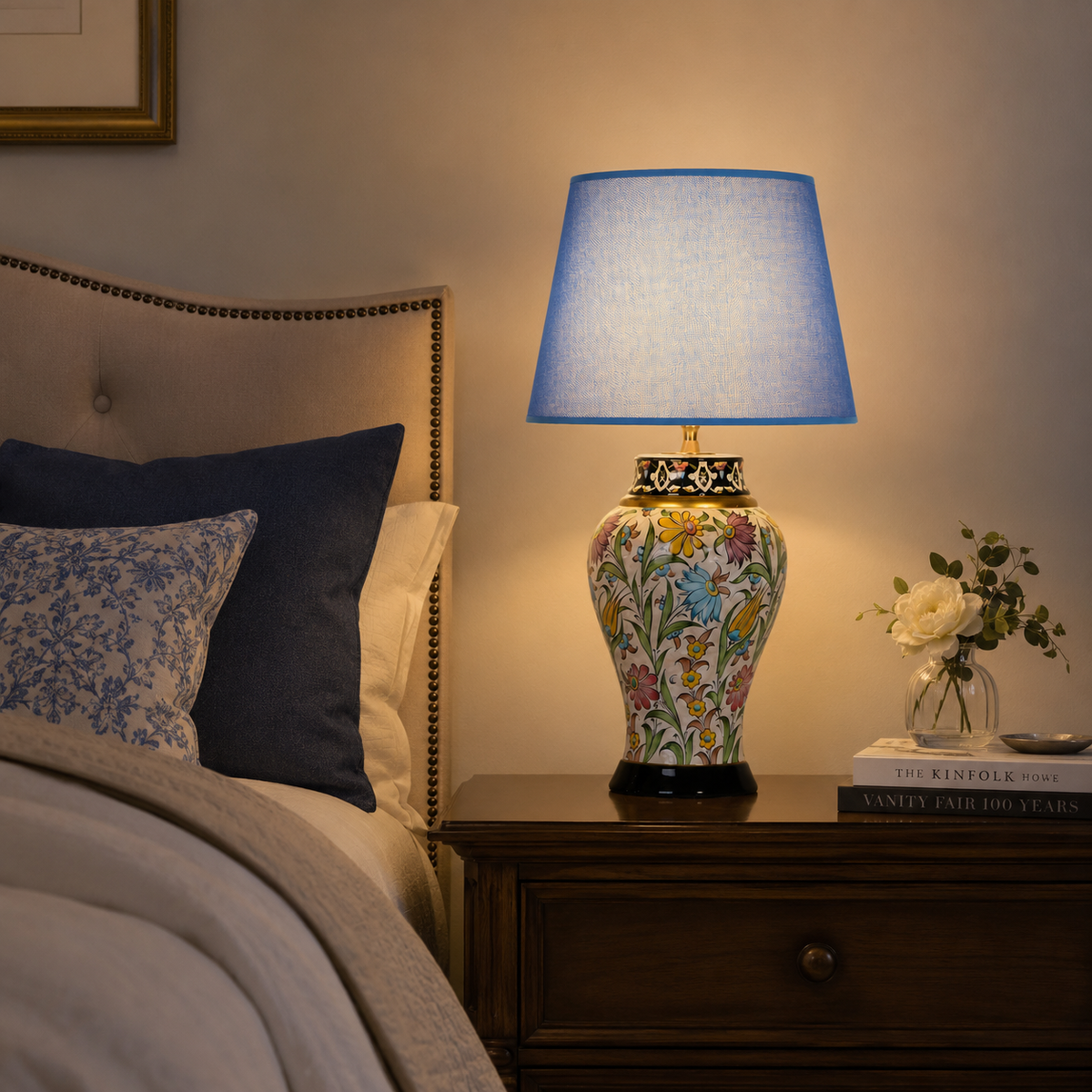 Floral Ceramic Table Lamp with Blue Shade, Hand-Painted Ginger Jar Lamp