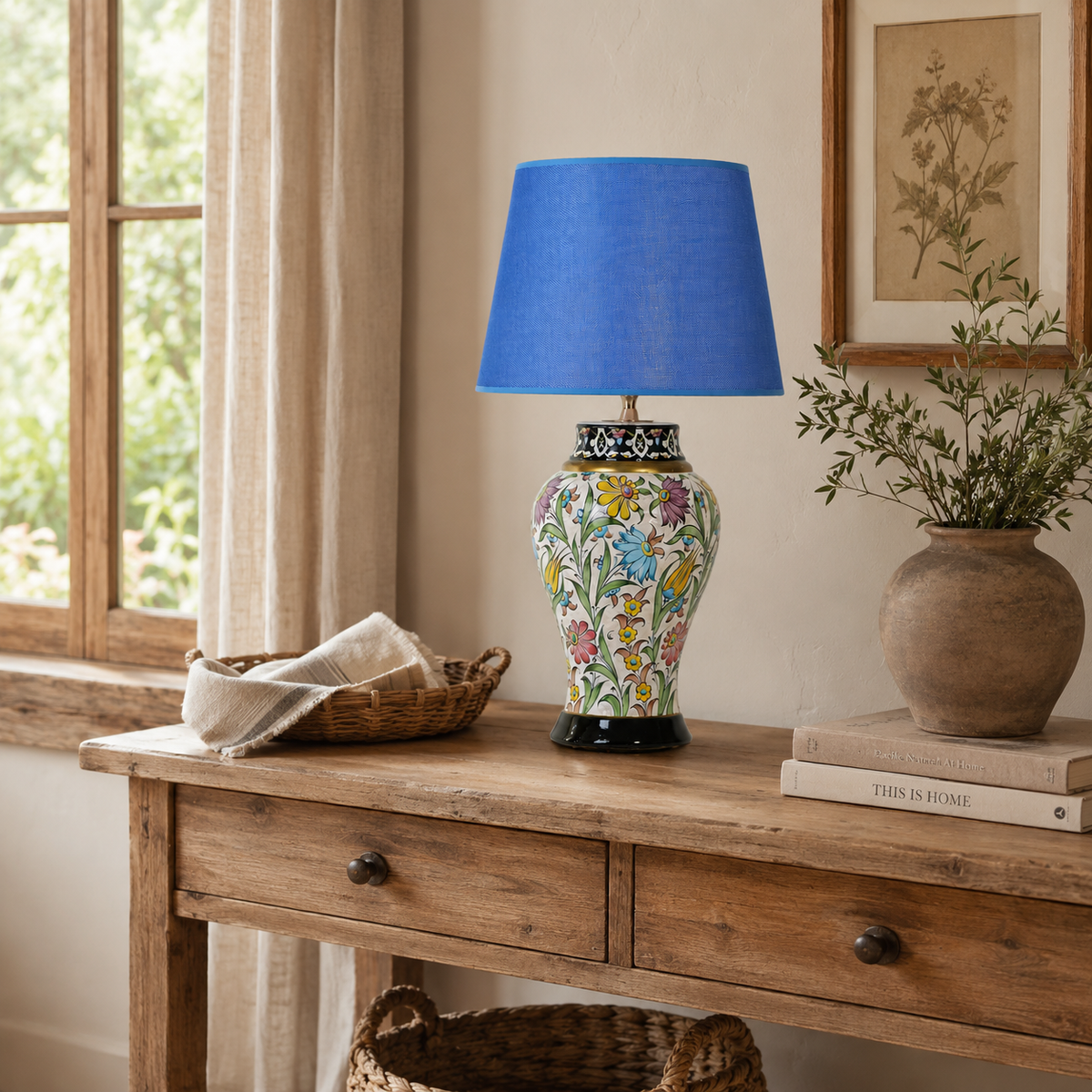 Floral Ceramic Table Lamp with Blue Shade, Hand-Painted Ginger Jar Lamp