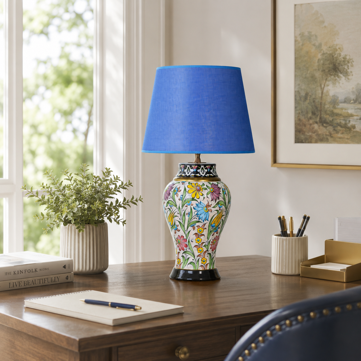 Floral Ceramic Table Lamp with Blue Shade, Hand-Painted Ginger Jar Lamp