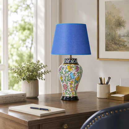 Floral Ceramic Table Lamp with Blue Shade, Hand-Painted Ginger Jar Lamp
