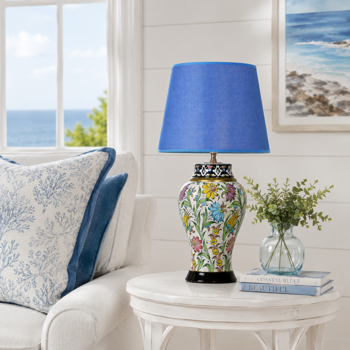 Floral Ceramic Table Lamp with Blue Shade, Hand-Painted Ginger Jar Lamp