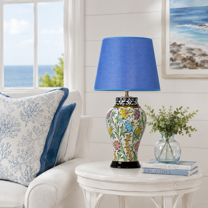 Floral Ceramic Table Lamp with Blue Shade, Hand-Painted Ginger Jar Lamp