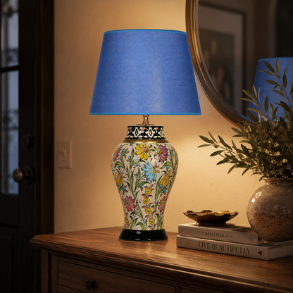 Floral Ceramic Table Lamp with Blue Shade, Hand-Painted Ginger Jar Lamp
