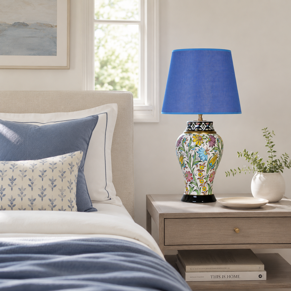 Floral Ceramic Table Lamp with Blue Shade, Hand-Painted Ginger Jar Lamp