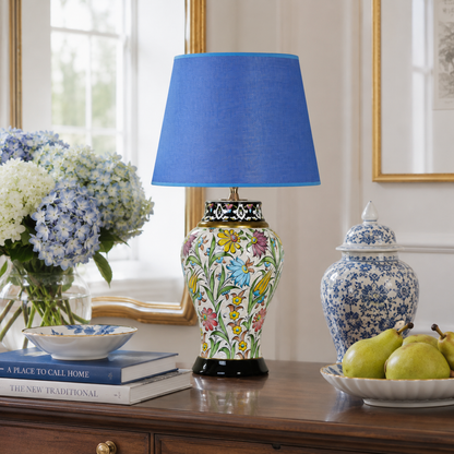 Floral Ceramic Table Lamp with Blue Shade, Hand-Painted Ginger Jar Lamp