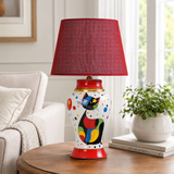 Cat Ceramic Table Lamp with Red Shade, Hand-Painted Ginger Jar Lamp