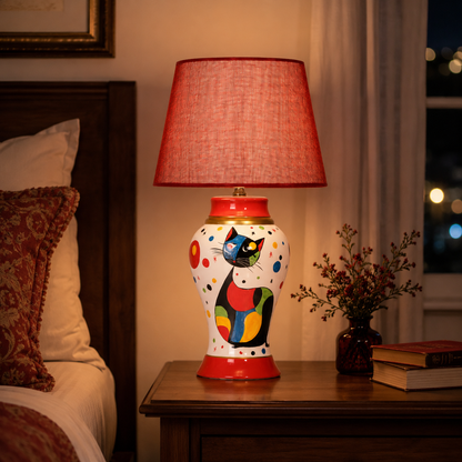 Cat Ceramic Table Lamp with Red Shade, Hand-Painted Ginger Jar Lamp