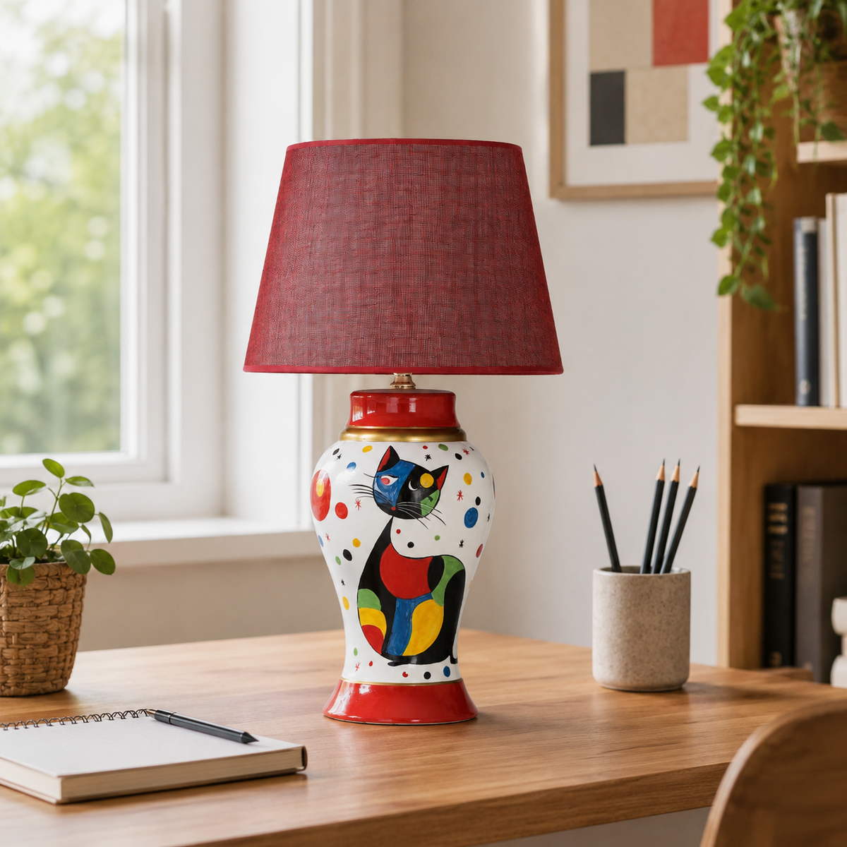 Cat Ceramic Table Lamp with Red Shade, Hand-Painted Ginger Jar Lamp